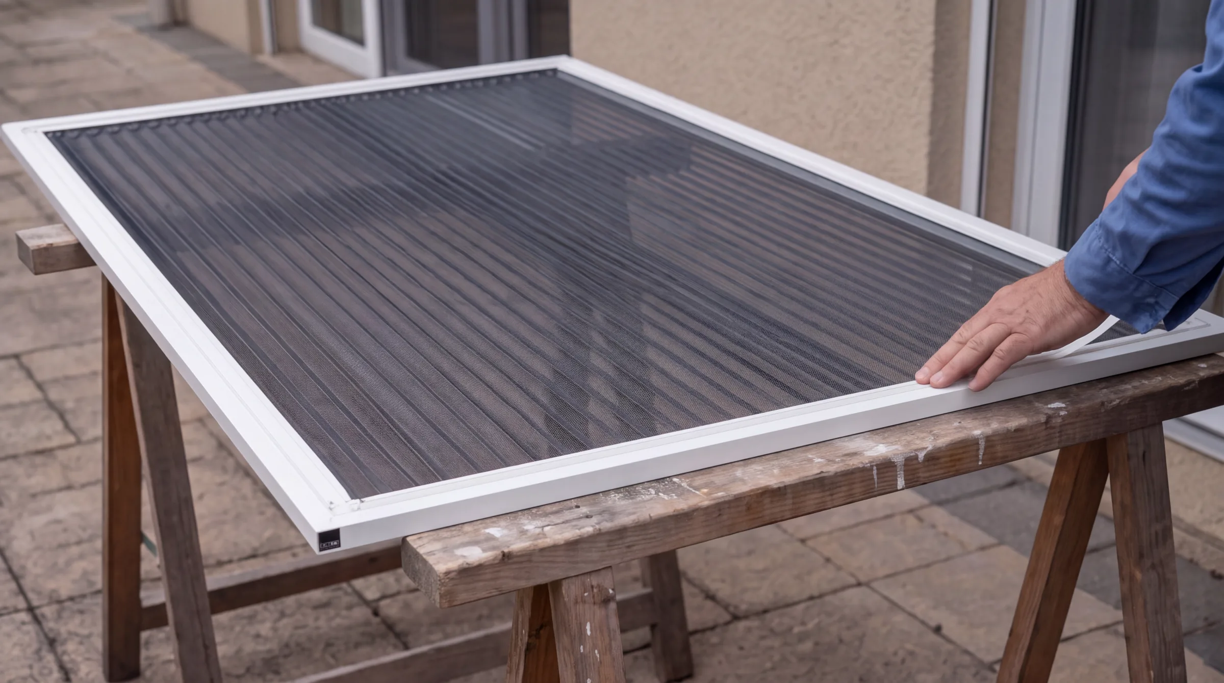 Châssis de moustiquaire accordéon posé sur tréteaux avant la pose, cadre aluminium blanc et toile plissée