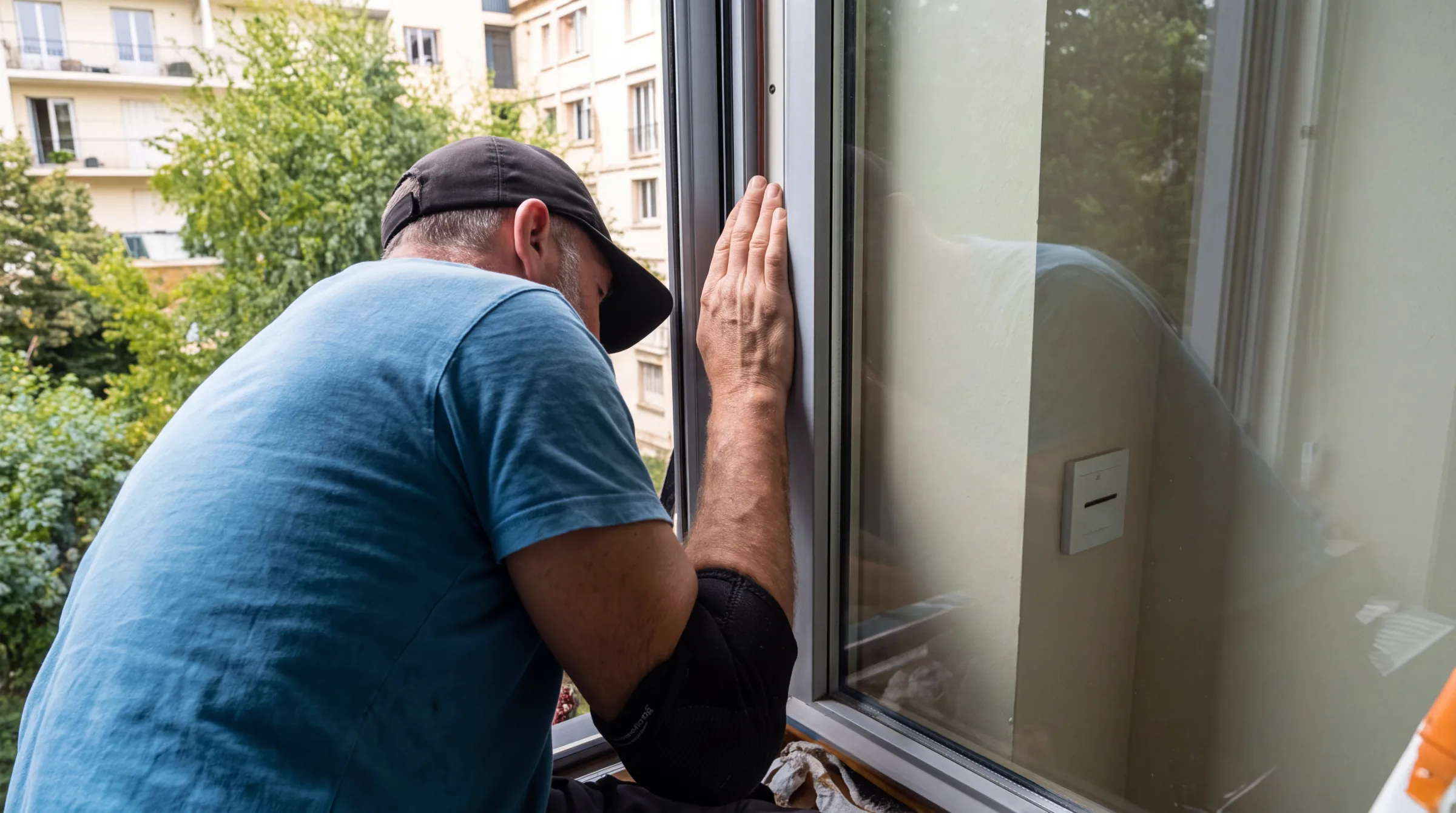 Pose d'une moustiquaire accordéon : le poseur ajuste le cadre depuis l'intérieur, la main plaquée contre le dormant